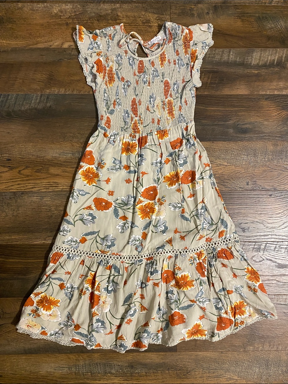 Womens Floral Smocked Maxi Dress - Orange Floral on Cream